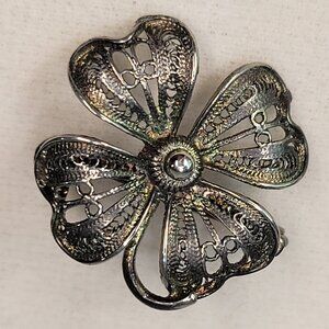Vintage Silver Filigree Floral Four Leaf Clover Shamrock Lucky Irish Brooch Pin